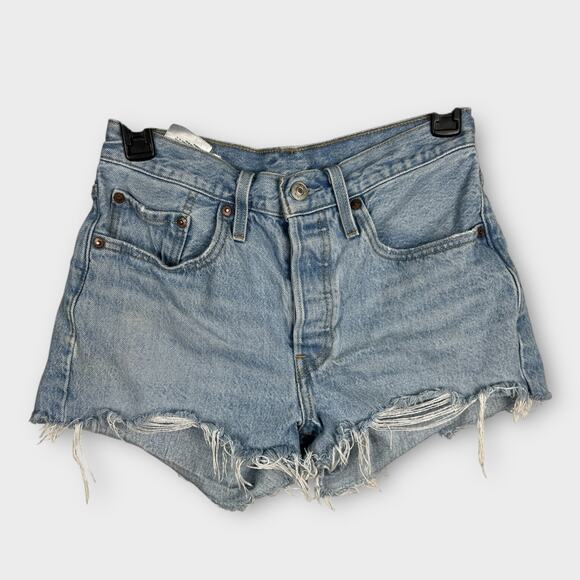 Levis 501 Shorts Womens 26 Premium Denim Distressed Button Fly Light Wash Blue - Picture 1 of 9